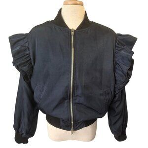 MABLE Ruffle Shoulder Bomber Jacket Womens Sz L Navy Silver Full Zip Cropped